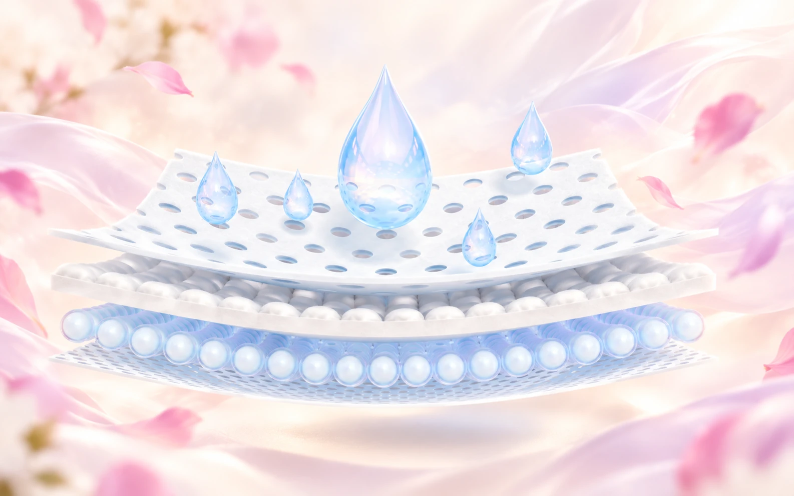 Conceptual absorption illustration with suspended sheets, beads and water droplets